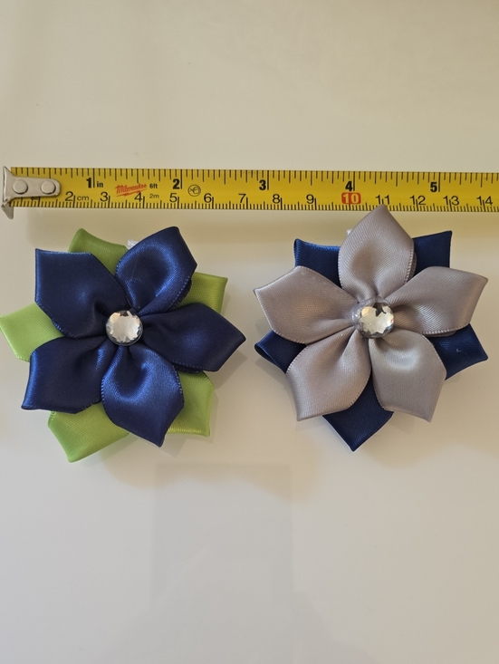 Other - Handmade, Blue & Green Satin Flower Hair Clips for Kids - Set of 2